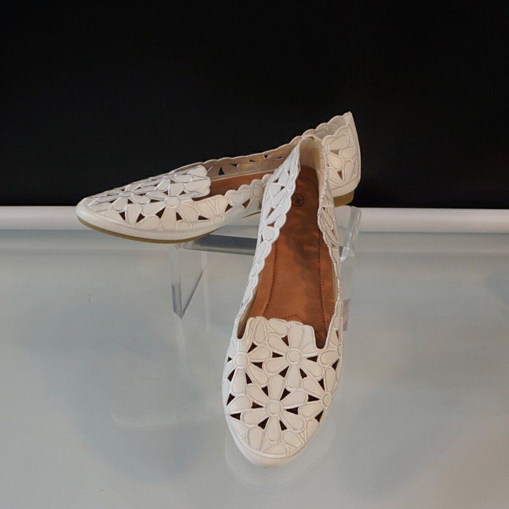 HEAWISH Womens Daisy Flower Ballet Flats Slip On Shoes Sz 11 White